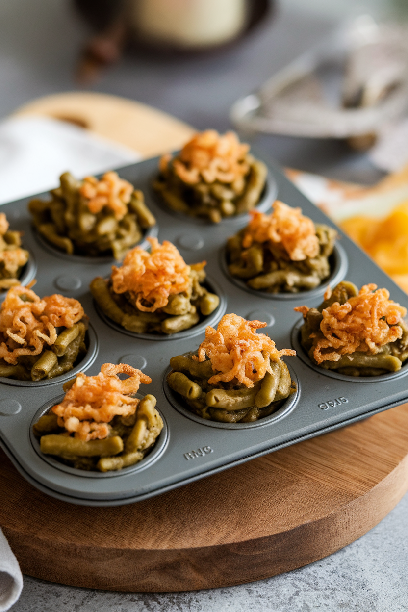 An indoor mini muffin tin showing individual green bean casserole bites topped with crispy onions, no text or logos. Photo.</Prompt