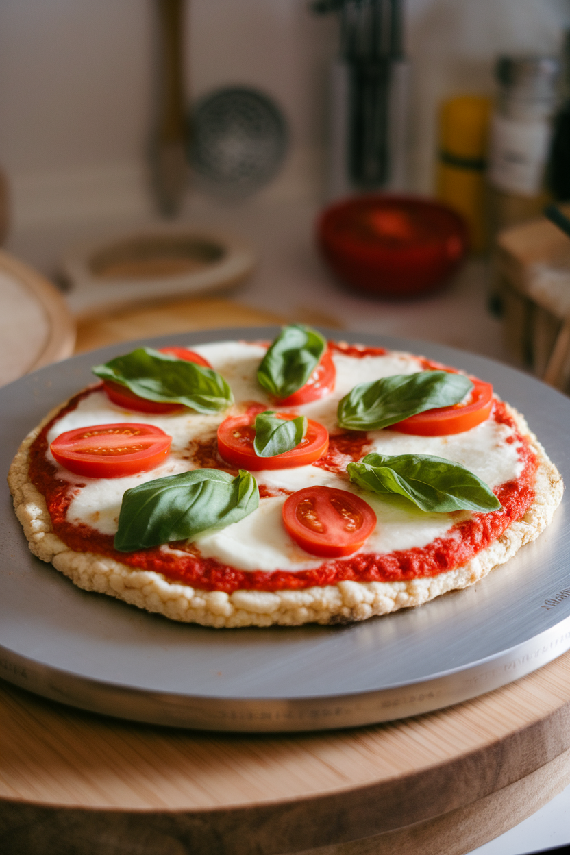 An indoor pizza stone holding a cauliflower-crust pizza topped with melted mozzarella, tomato slices, and basil leaves. No logos or text, photo only.