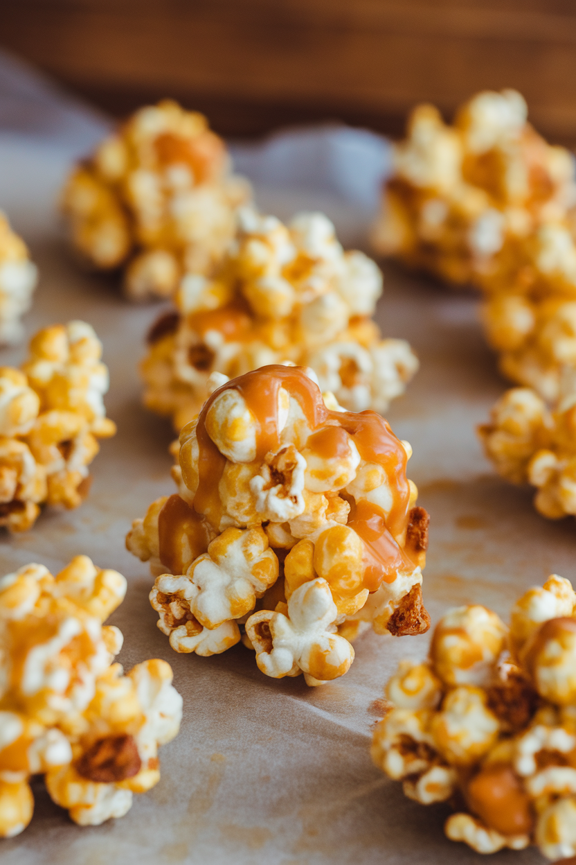 Mounded popcorn clusters glazed with caramel and studded with dried apple bits, cooling on parchment indoors. Photo, no text or logos.