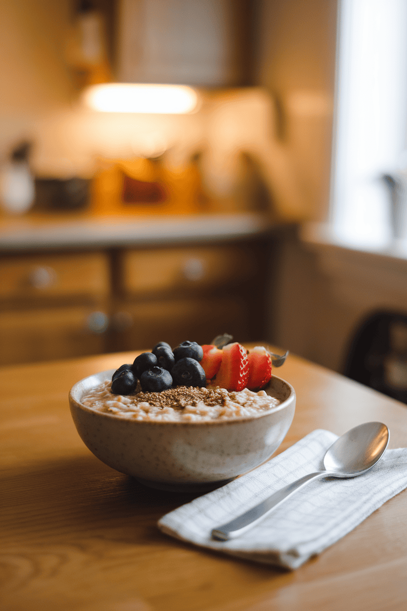 A warmly lit indoor breakfast table featuring a bowl of cooked steel-cut oats topped with fresh blueberries, sliced strawberries, and a sprinkle of ground flaxseed. A spoon rests on a cloth napkin beside the bowl. No text or logos anywhere in the scene. Photo, not illustration.