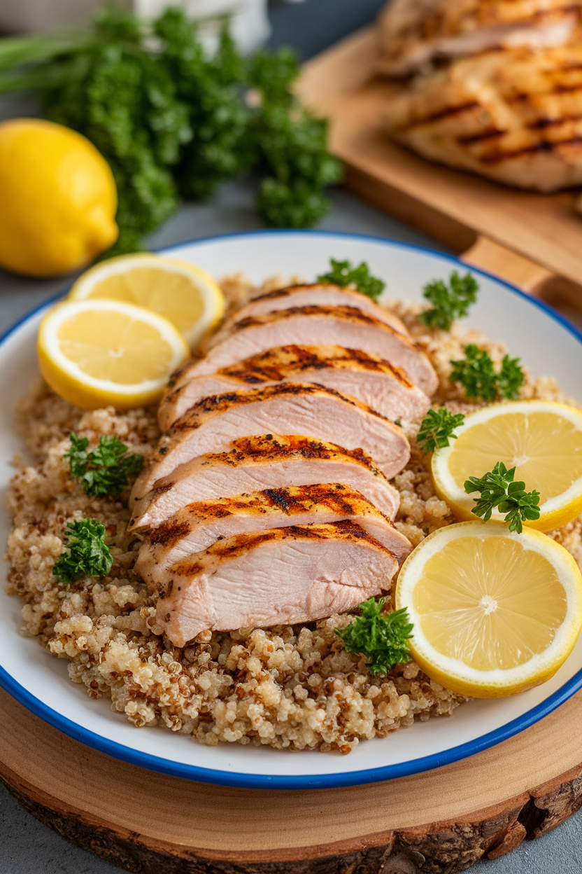 Indoor platter showing sliced grilled chicken breast laid over quinoa, garnished with parsley and lemon wheels; no text or logos.