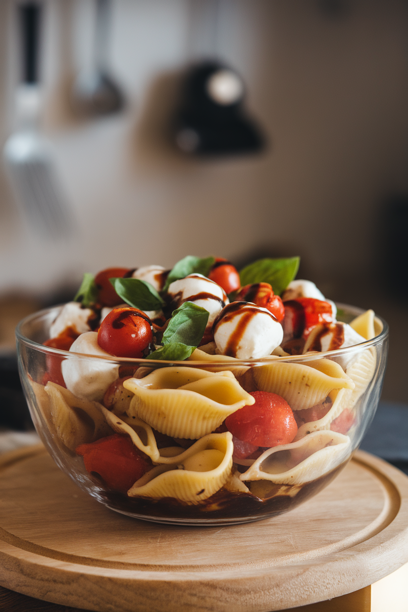 Photo of a glass bowl indoors containing cooked pasta shells tossed with cherry tomatoes, mozzarella pearls, and basil, lightly coated in balsamic dressing. No text or logos.
