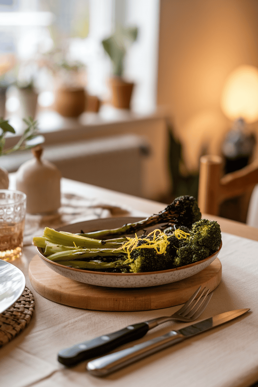 Warm indoor table featuring a shallow bowl of grilled broccolini with charred tips, lemon zest sprinkled on top. No text or logos present. Photo, not illustration.