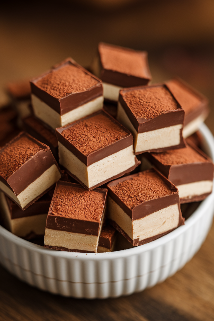Photo of indoor dish holding bite-size vanilla nougat squares coated in chocolate, no text or logos