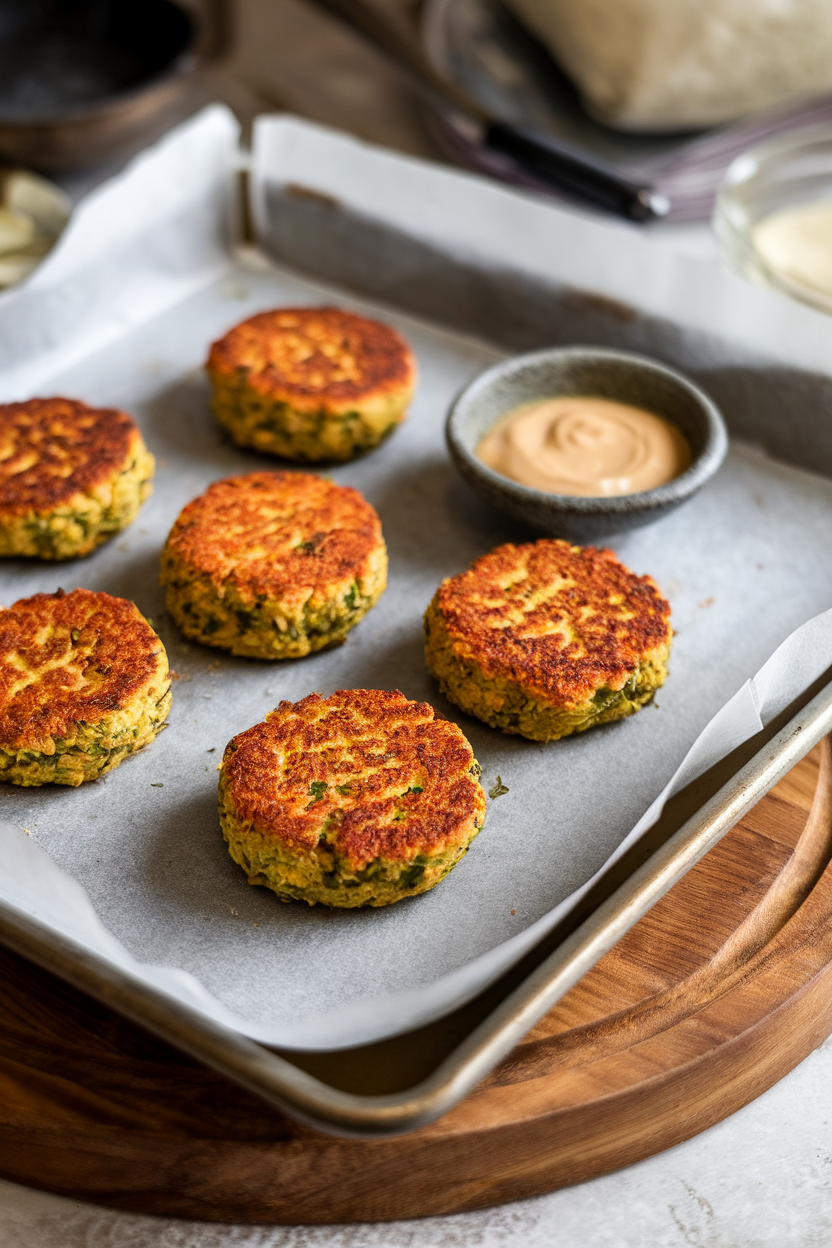 An indoor baking tray lined with parchment, holding golden baked falafel patties, a small bowl of tahini sauce beside them. No visible text or logos.