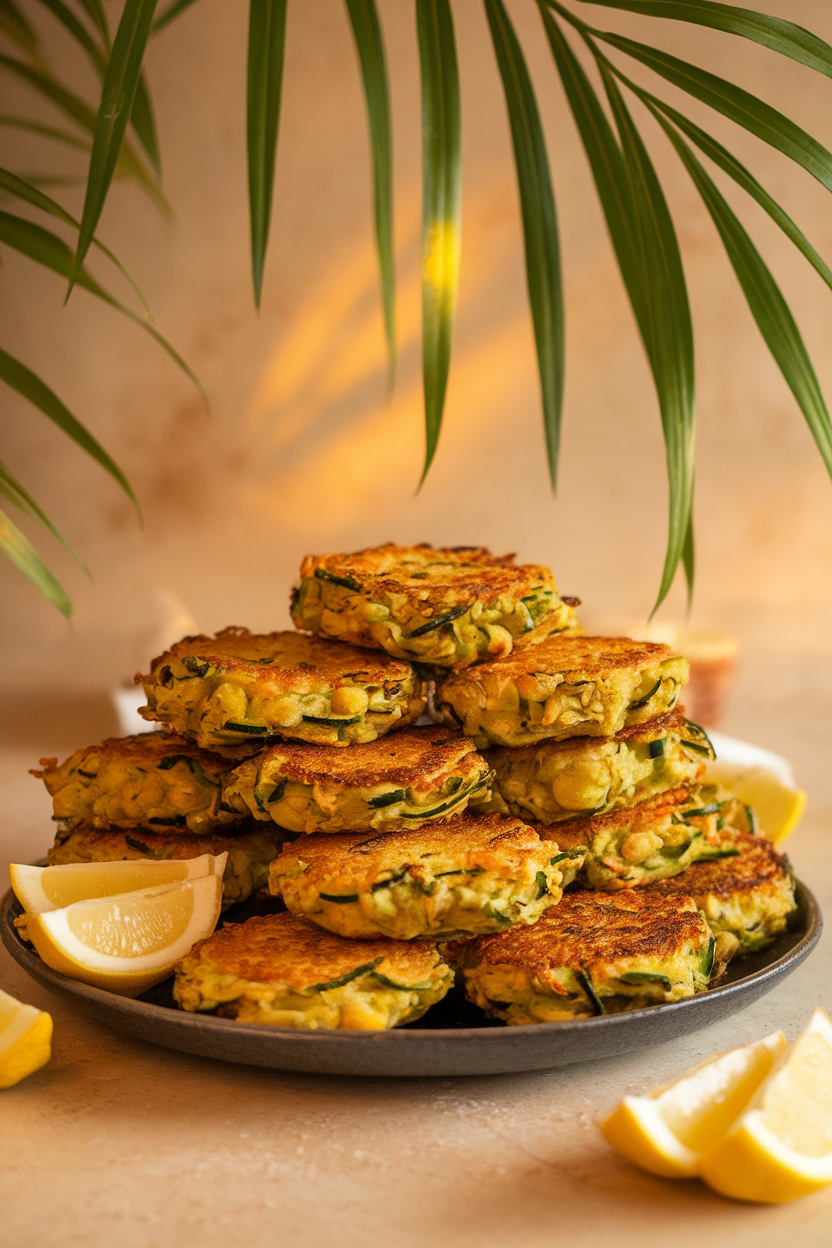 An indoor platter stacked with golden chickpea and zucchini fritters, lemon wedges on the side. No text or logos.