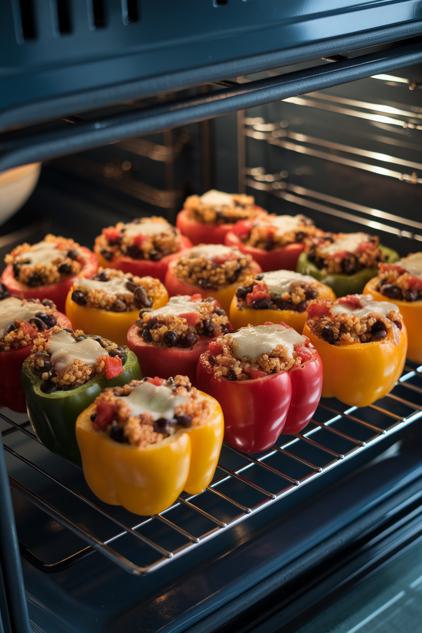 An indoor oven rack with colorful bell peppers stuffed with quinoa, black beans, and diced tomatoes, cheese lightly melted on top. No text or logos present; photo only.
