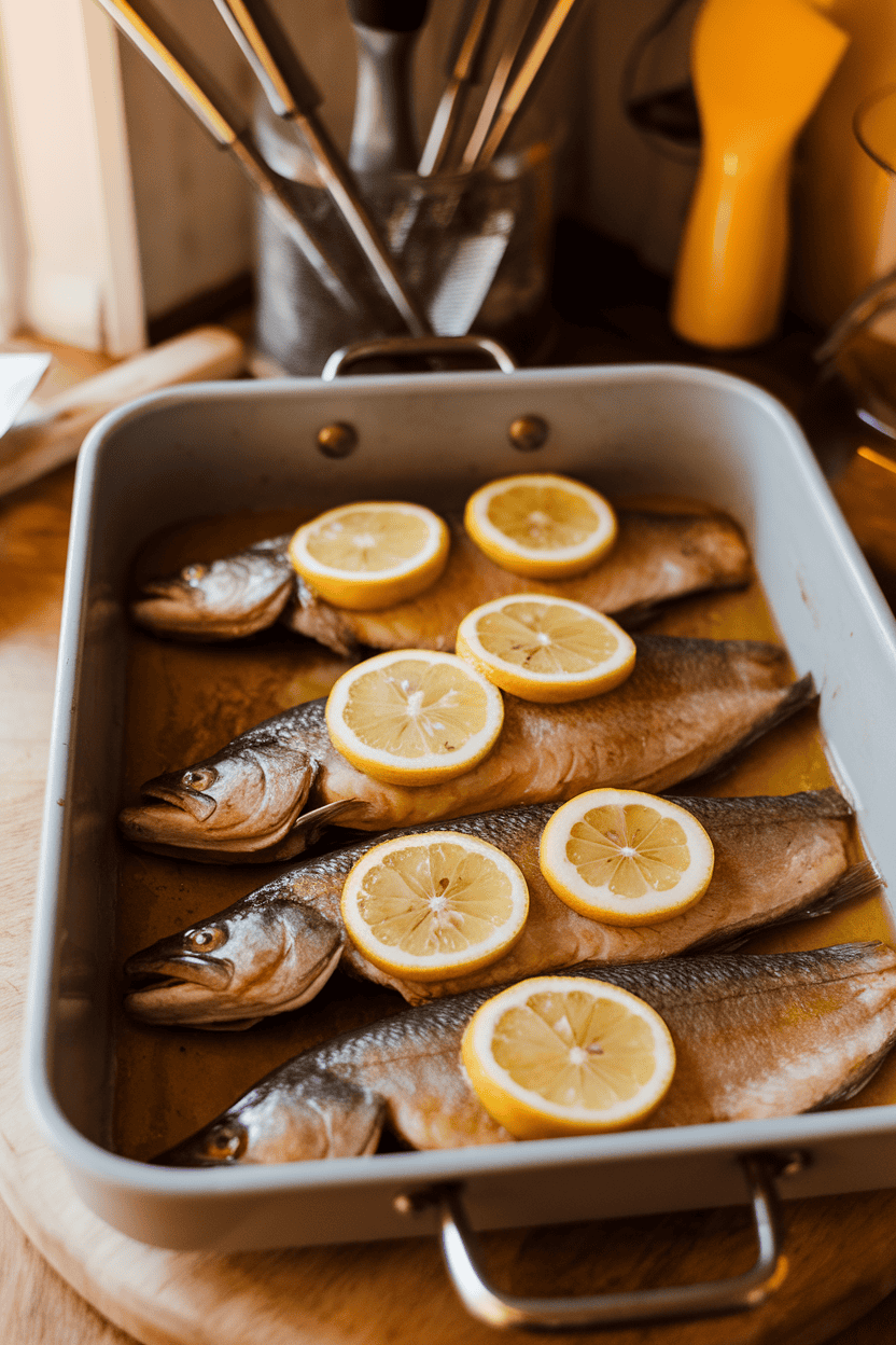 Photo of a baking dish indoors showing whole trout fillets brushed with honey-Dijon glaze, garnished with lemon rounds. No logos or text.
