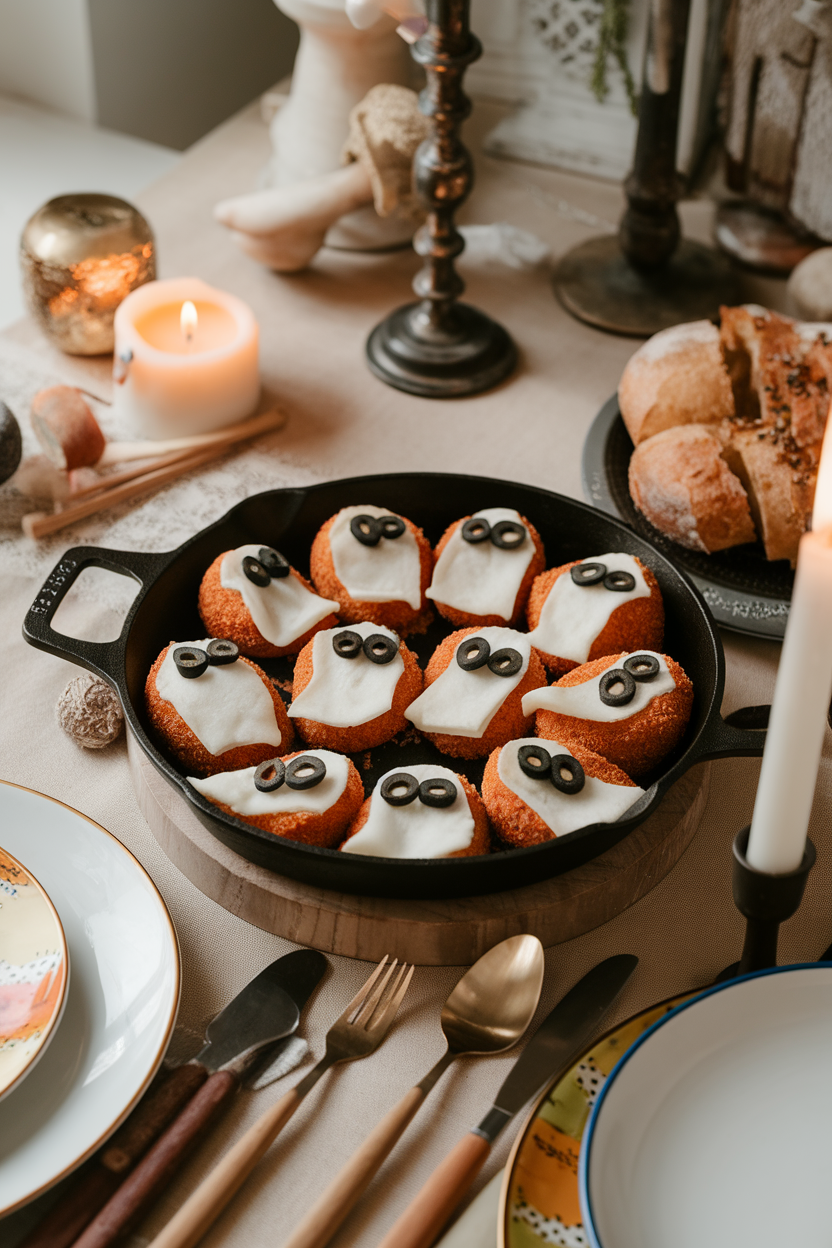 Cozy indoor dining table with a small skillet of breaded mozzarella bites arranged in ghost shapes, each sporting black olive slice eyes. Photo, no text or logos.