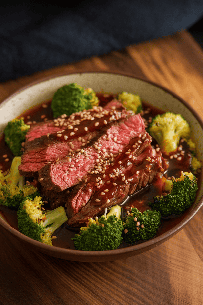 An indoor countertop scene with a bowl of cooked flank steak strips and vibrant broccoli florets in a glossy soy-ginger sauce, sprinkled with sesame seeds. No logos or text.