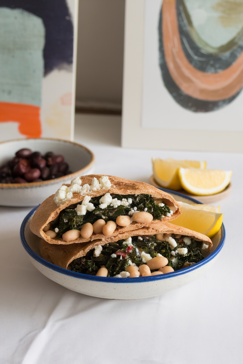 An indoor lunch table showing whole-wheat pita halves stuffed with sautéed kale and white beans, feta crumbles visible. No text or logos, photo only.