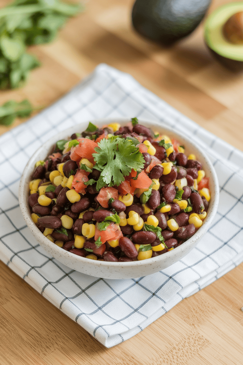 Indoor countertop bowl of black bean salsa with corn, tomato, and cilantro, no labels