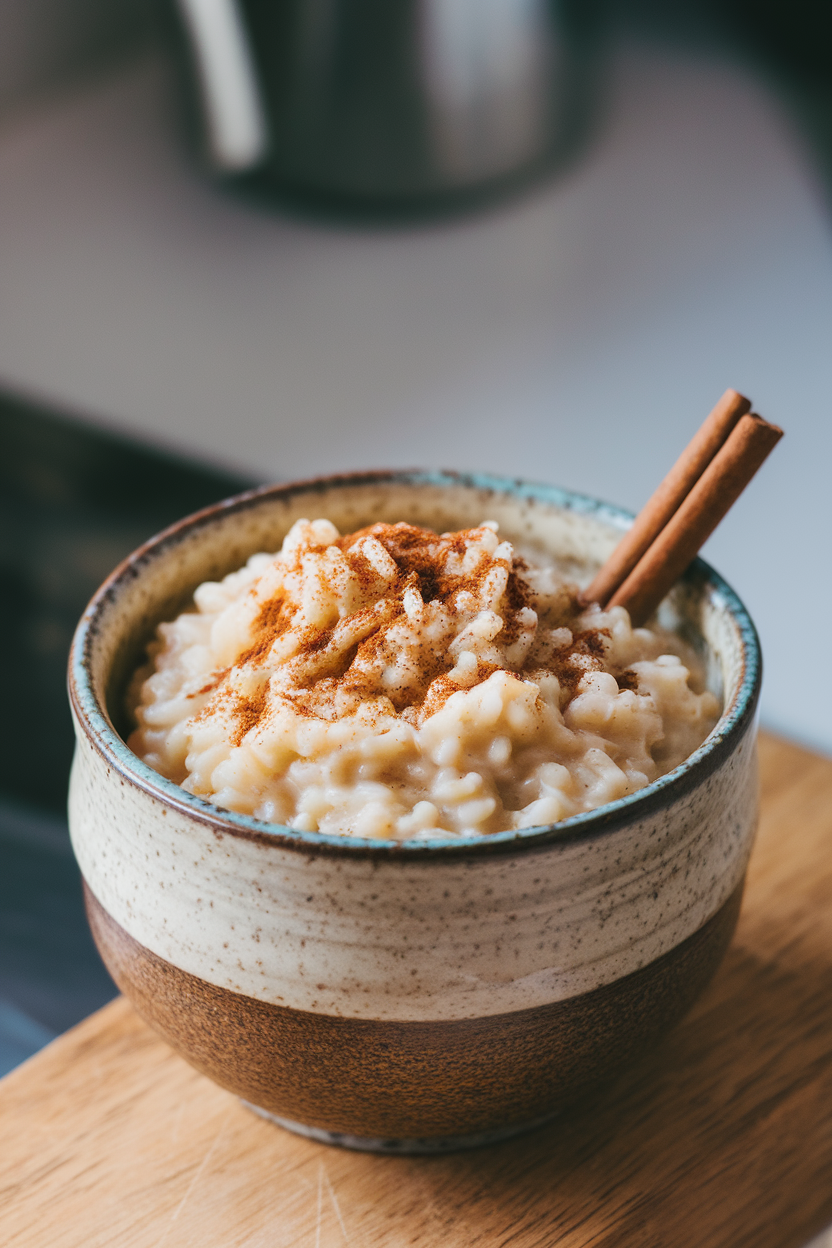 Indoor photo of a ceramic bowl filled with creamy rice pudding, sprinkled with chai spice blend and garnished with a cinnamon stick. No text or logos.