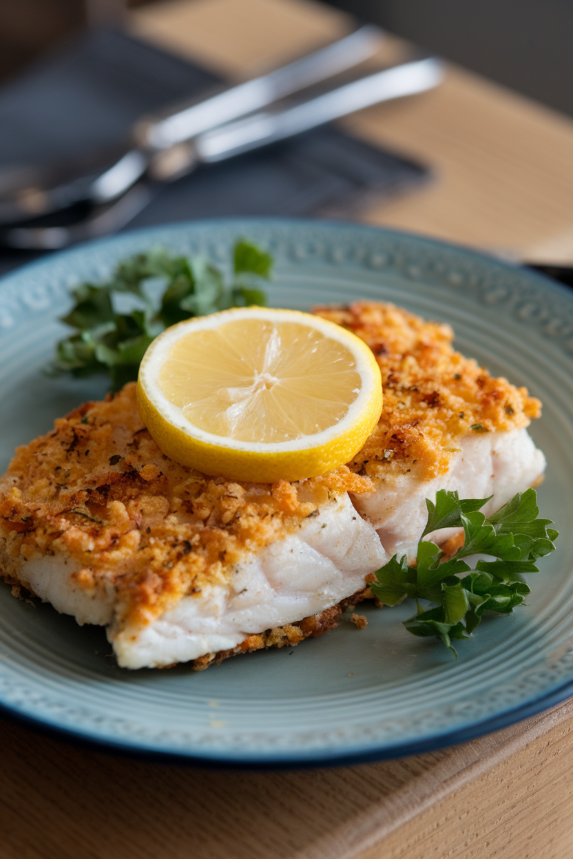 Indoor plate with cooked cornmeal-crusted tilapia fillet garnished with lemon slice and parsley, no text or logos. Photo.