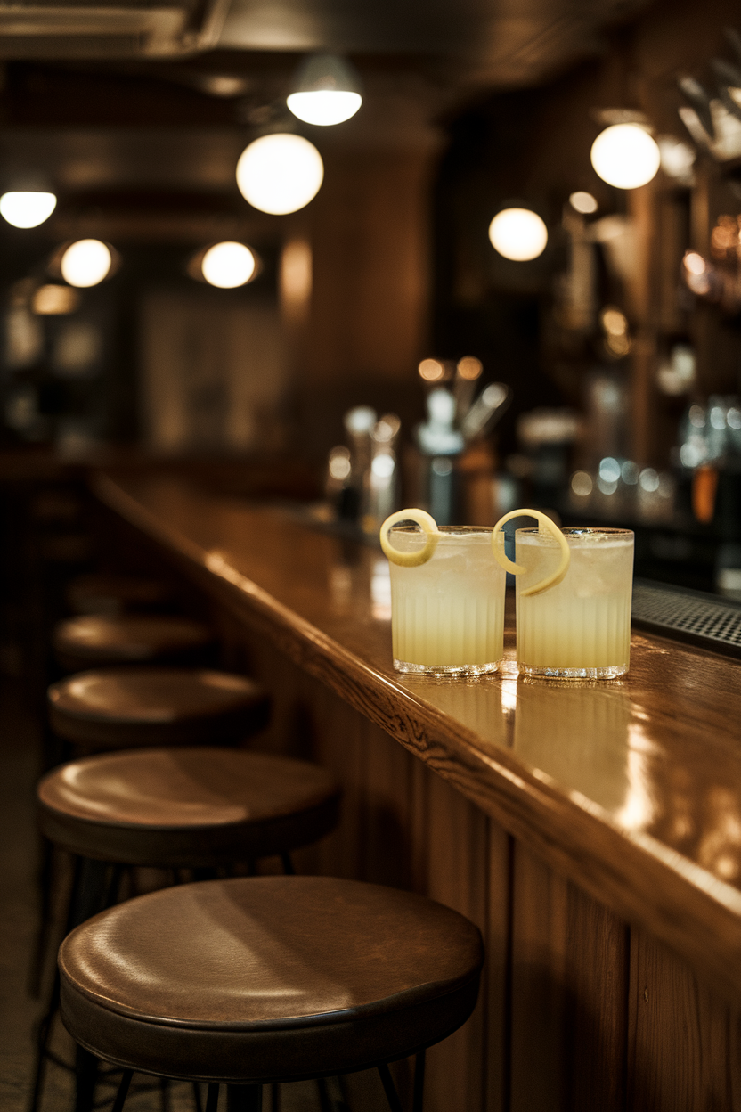 Indoor speakeasy bar with a coupe of pale yellow cocktail and an expressed lemon twist floating. No text or logos present. Photo, not illustration.