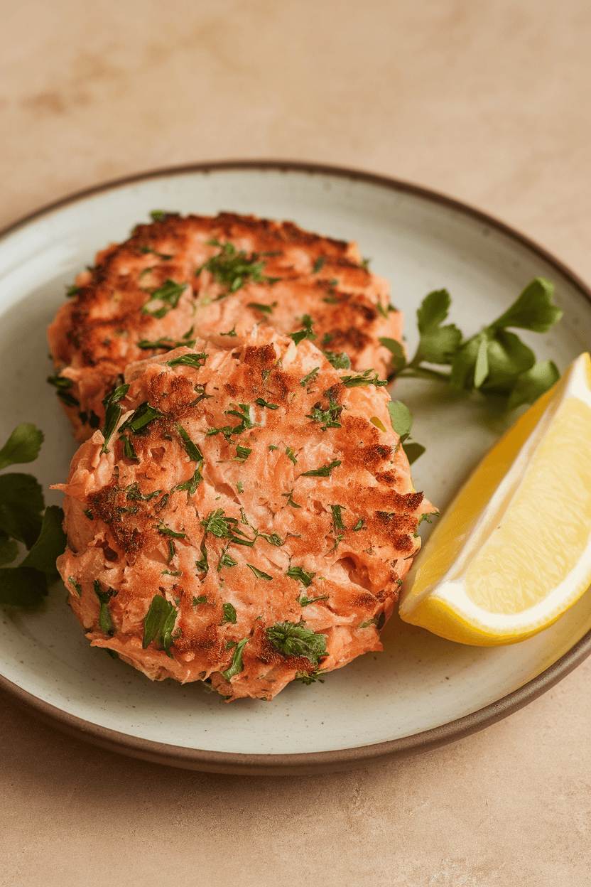 Indoor photo of salmon cakes with visible herbs, served with a lemon wedge on a small plate. No branding.