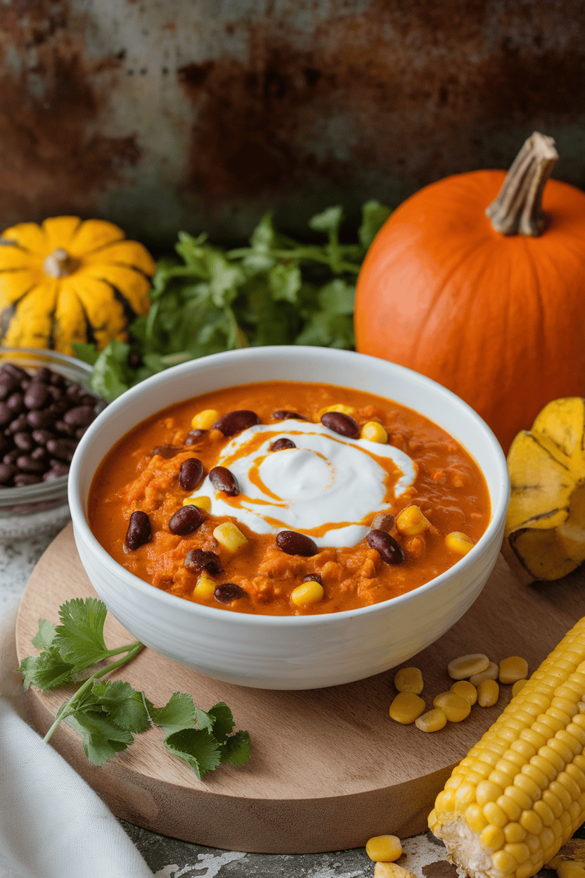 A bowl indoors containing orange-hued turkey chili with pumpkin, black beans, and corn, topped with Greek yogurt swirl. No text or logos.