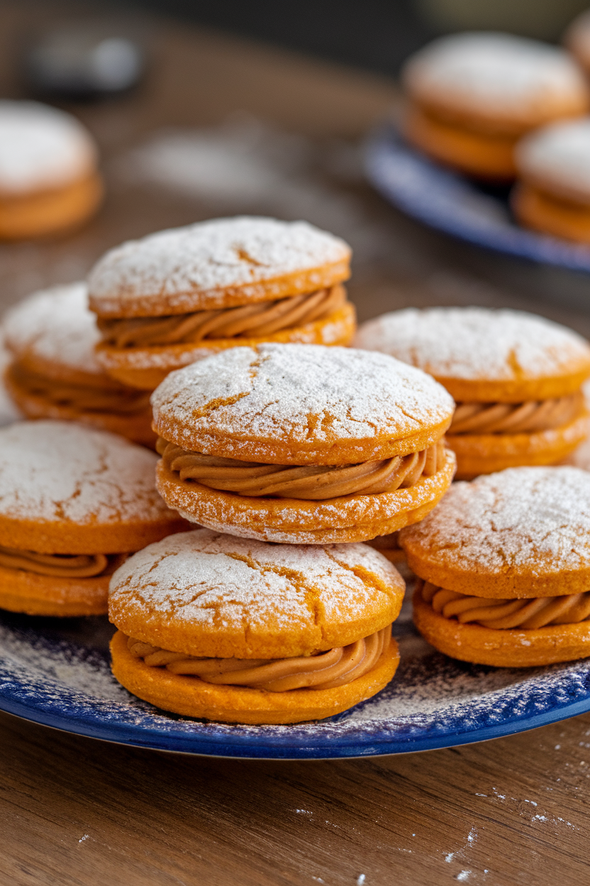 Indoor plate of sandwich cookies dusted with powdered sugar, edges revealing pumpkin dulce de leche filling. No text or logos. Photo only.