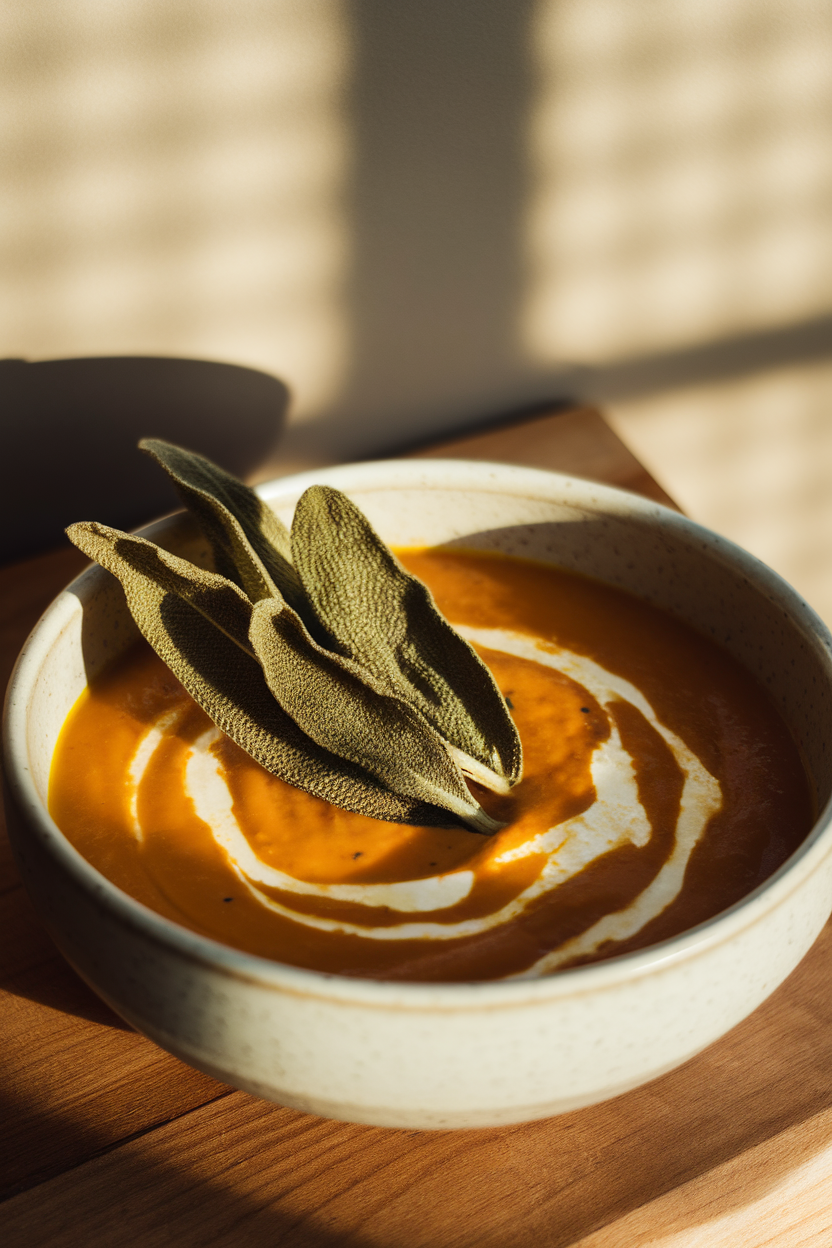 Photo of an indoor soup bowl with creamy pumpkin soup topped with crispy sage leaves; no text or logos