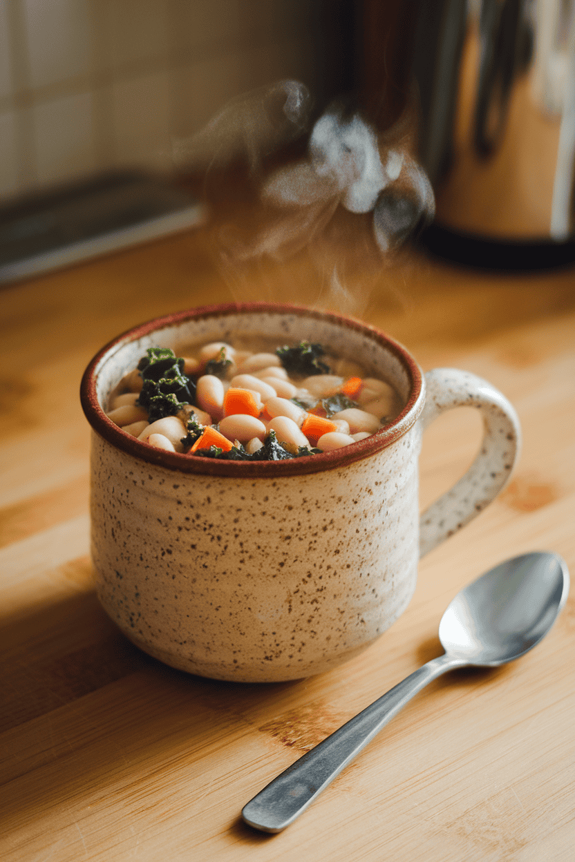 A photo of a stoneware mug on a kitchen counter, filled with steamy white bean soup dotted with kale and diced carrots; a spoon rests beside the mug. Indoor lighting, no text or logos.