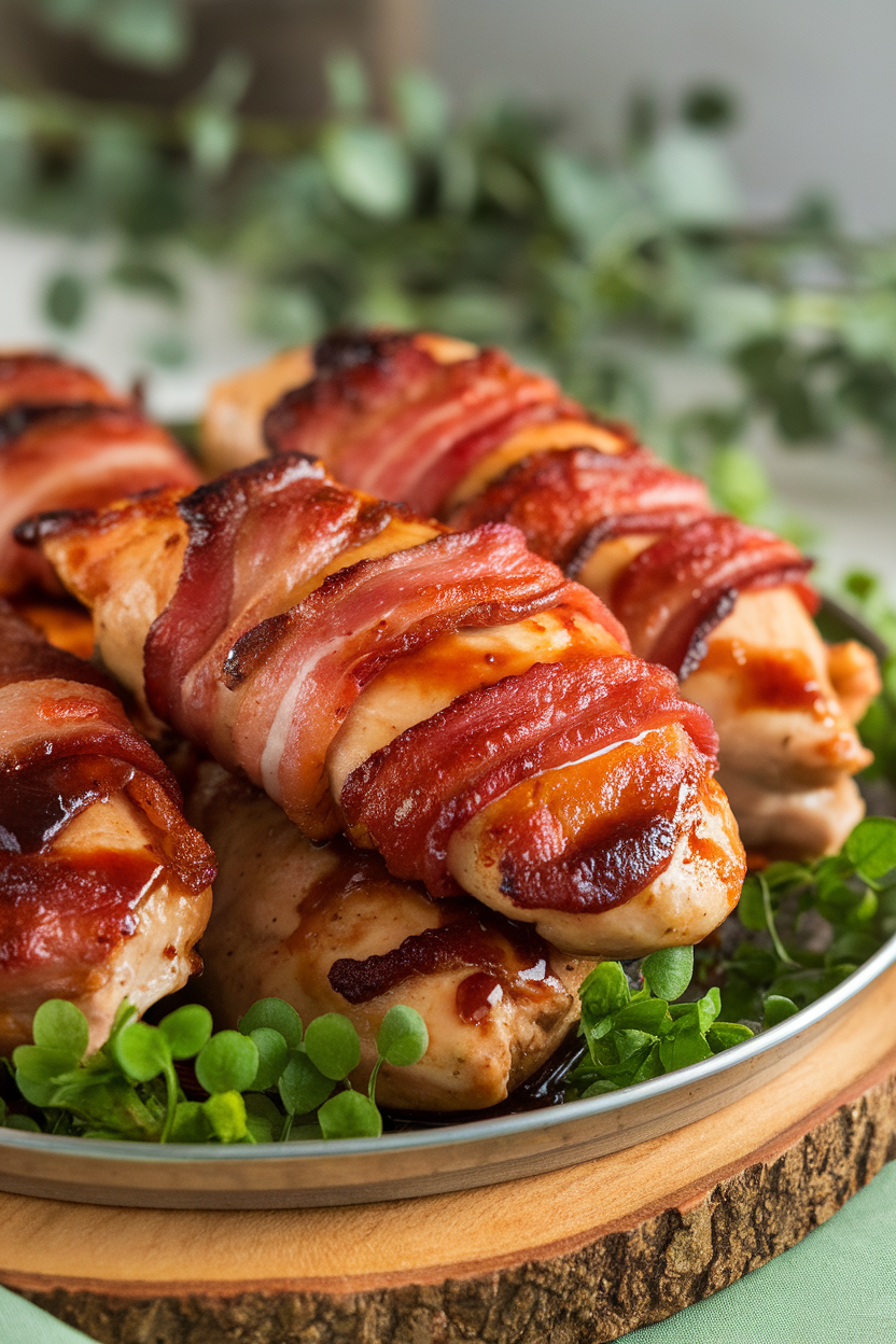 Indoor platter of bacon-wrapped chicken breasts brushed with barbecue sauce, caramelized edges, no logos. Photo.