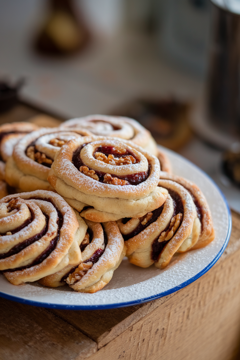 Indoor plate with spiral rugelach showing fig jam and walnut filling, light dusting of powdered sugar. No logos or text. Photo, not illustration.