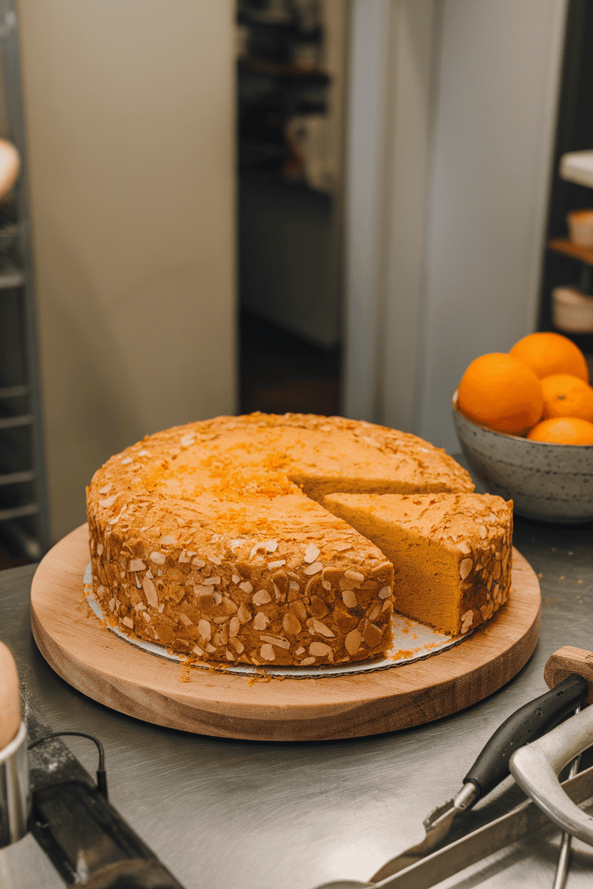 Indoor bakery counter with a sliced round olive oil cake, golden crumb speckled with almond pieces, orange zest scattered on top. No text or logos. Photo, not illustration.