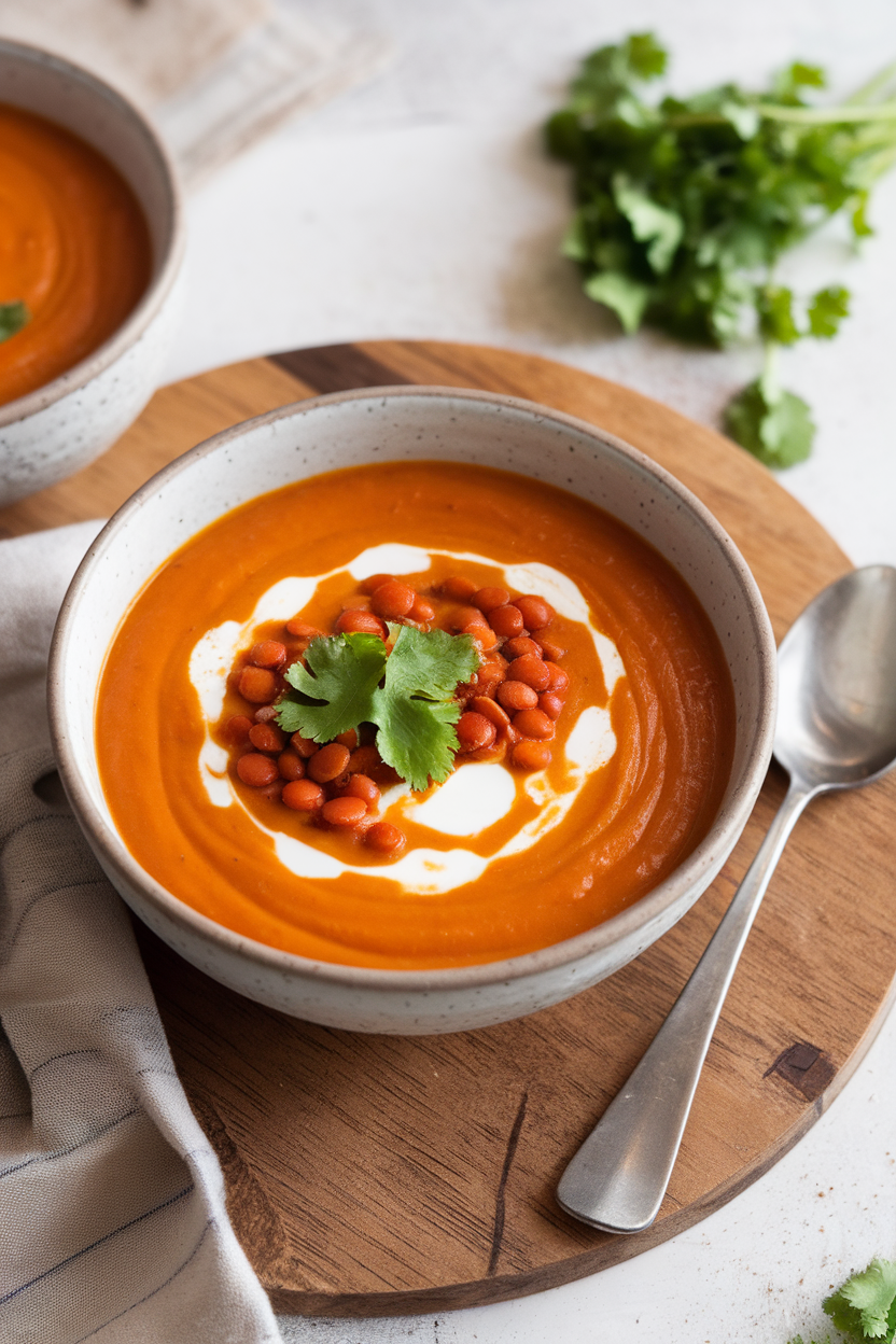 An indoor kitchen photo of a bowl of smooth carrot and red lentil soup with a swirl of yogurt and sprinkle of cilantro, no text or logos.