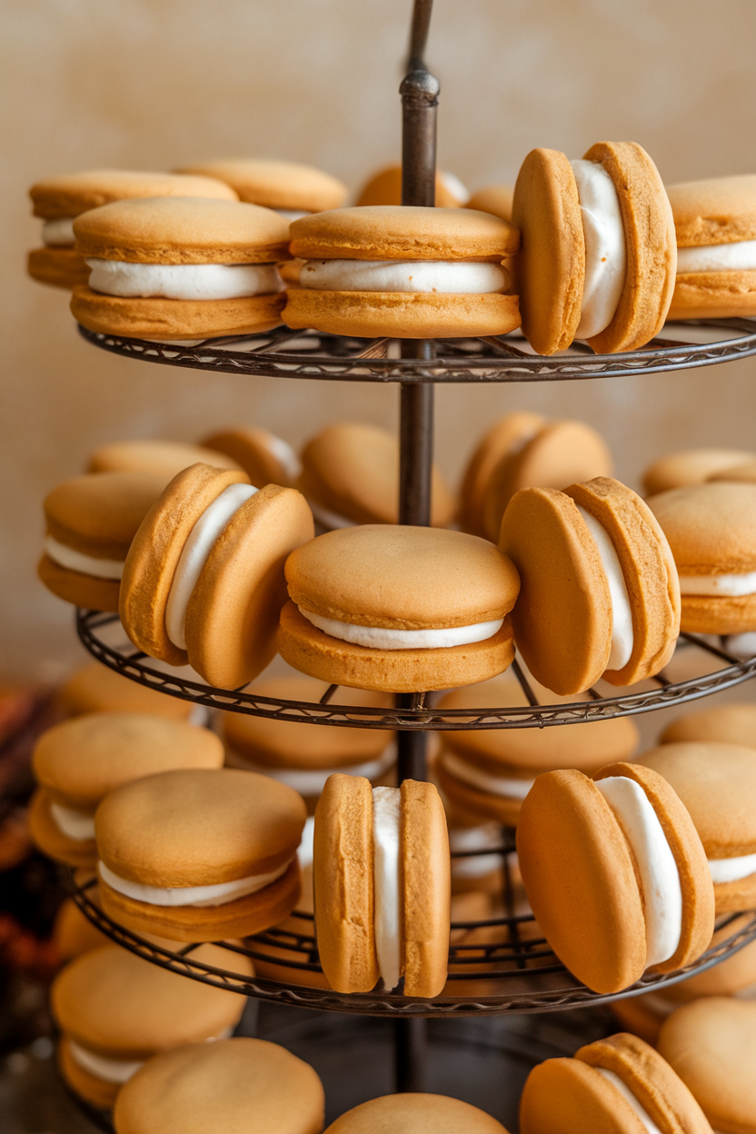 An indoor bakery rack displaying sandwich cookies of fluffy pumpkin cake rounds filled with marshmallow cream. Photo only, no text or logos.