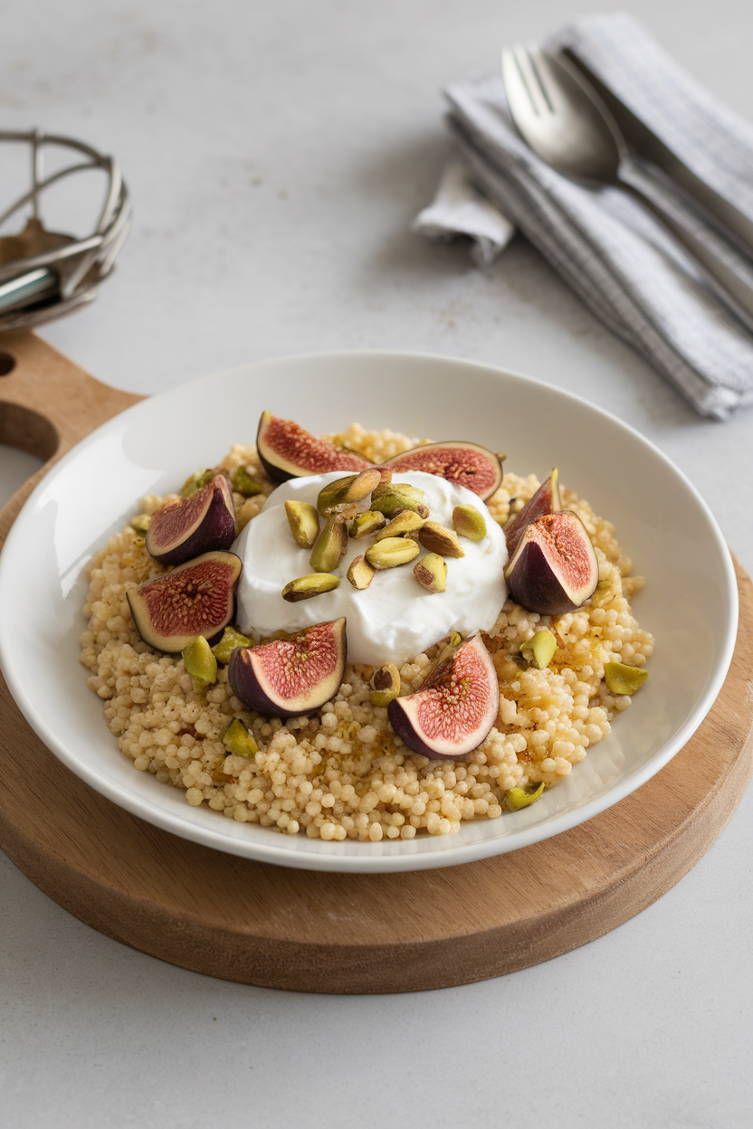 Photo of pearl couscous mixed with honey, topped with Greek yogurt, figs, and pistachios. Indoor, no logos.