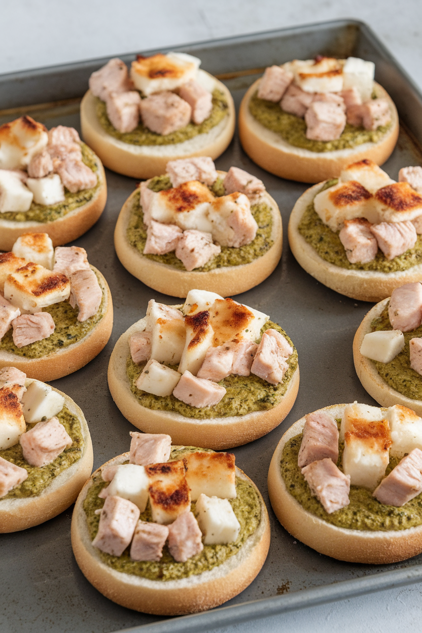 Photo of several English muffin halves on an indoor baking tray, each topped with pesto, diced chicken, and mozzarella, cheese slightly browned. No text or logos.