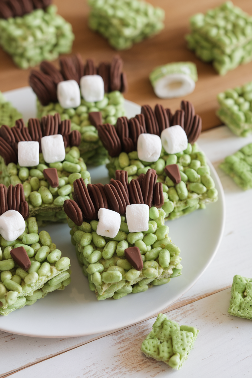 Photo of green rice cereal squares with chocolate hair and marshmallow bolt ears, indoor scene, no logos or text.