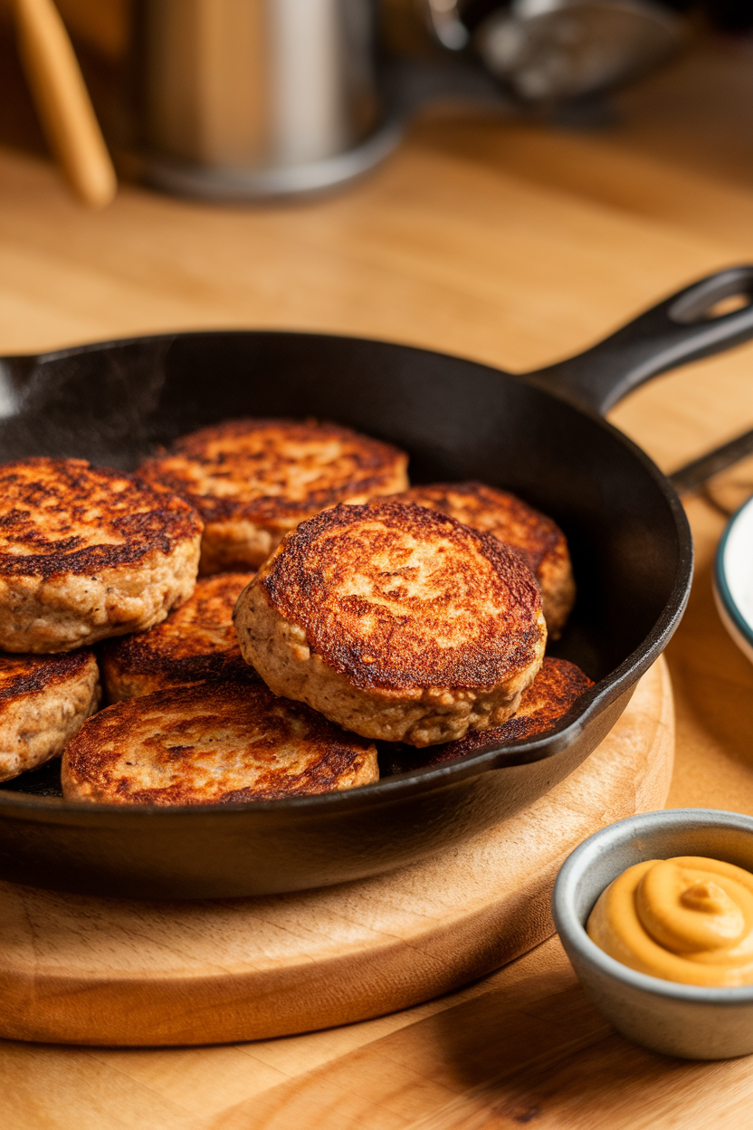 An indoor skillet showing browned tempeh sausage patties, a small dish of mustard at the side. Photo only, no text or logos.