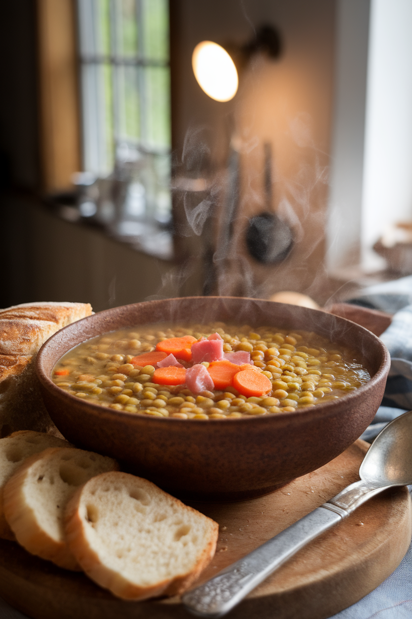 Indoor photo of a rustic bowl of split pea soup dotted with carrot coins and ham bits, steam rising, no text or logos anywhere.