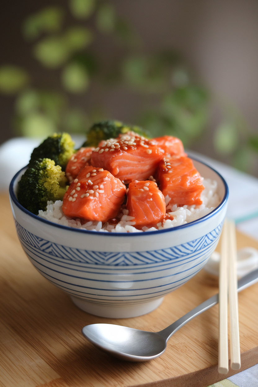 Indoor bowl layered with white rice, glazed cooked salmon pieces, steamed broccoli, and sesame seeds. No text or logos.