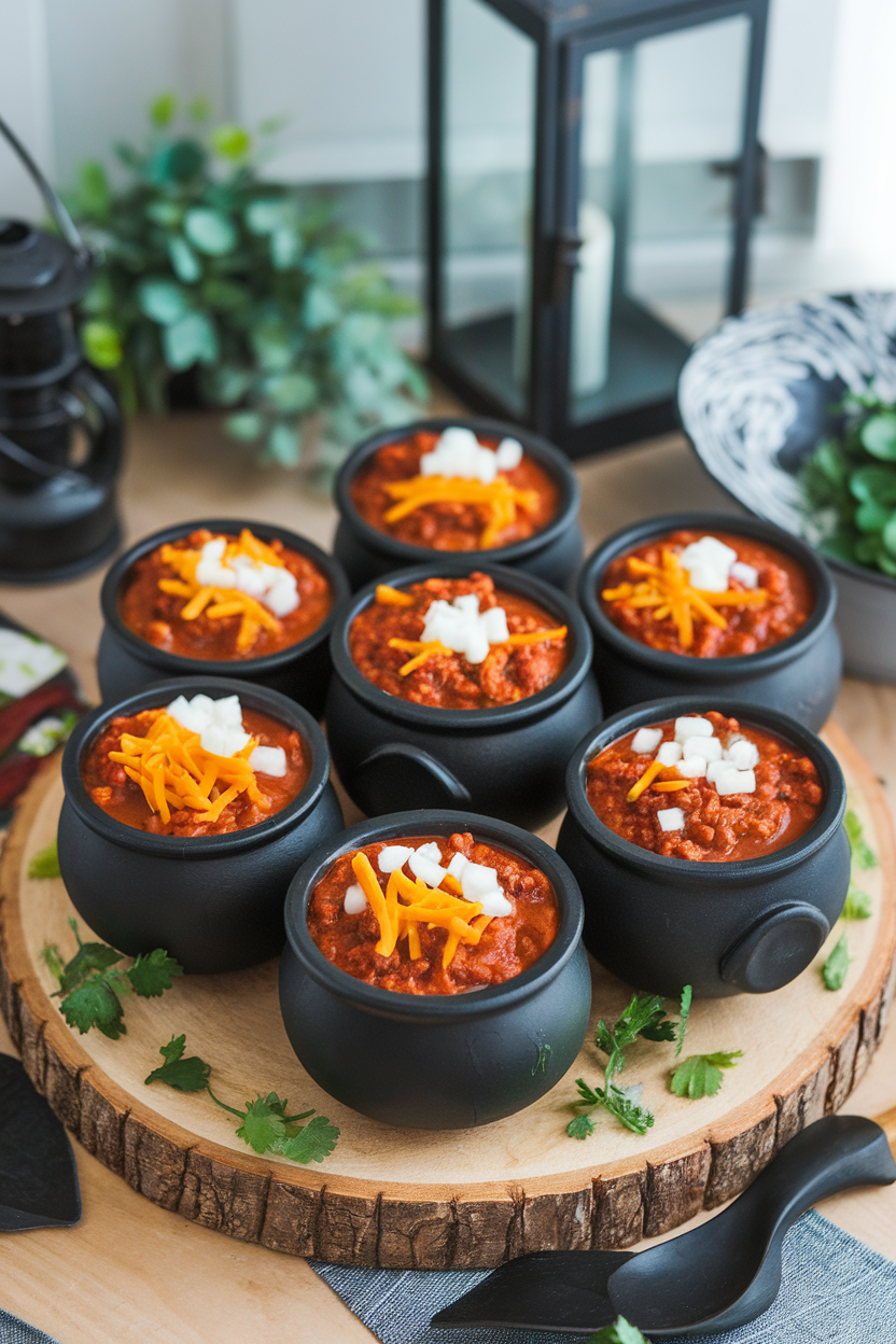 Indoor party spread showing mini black cauldron cups of hearty beef chili topped with shredded cheese and diced onion. Photo, no text or logos.
