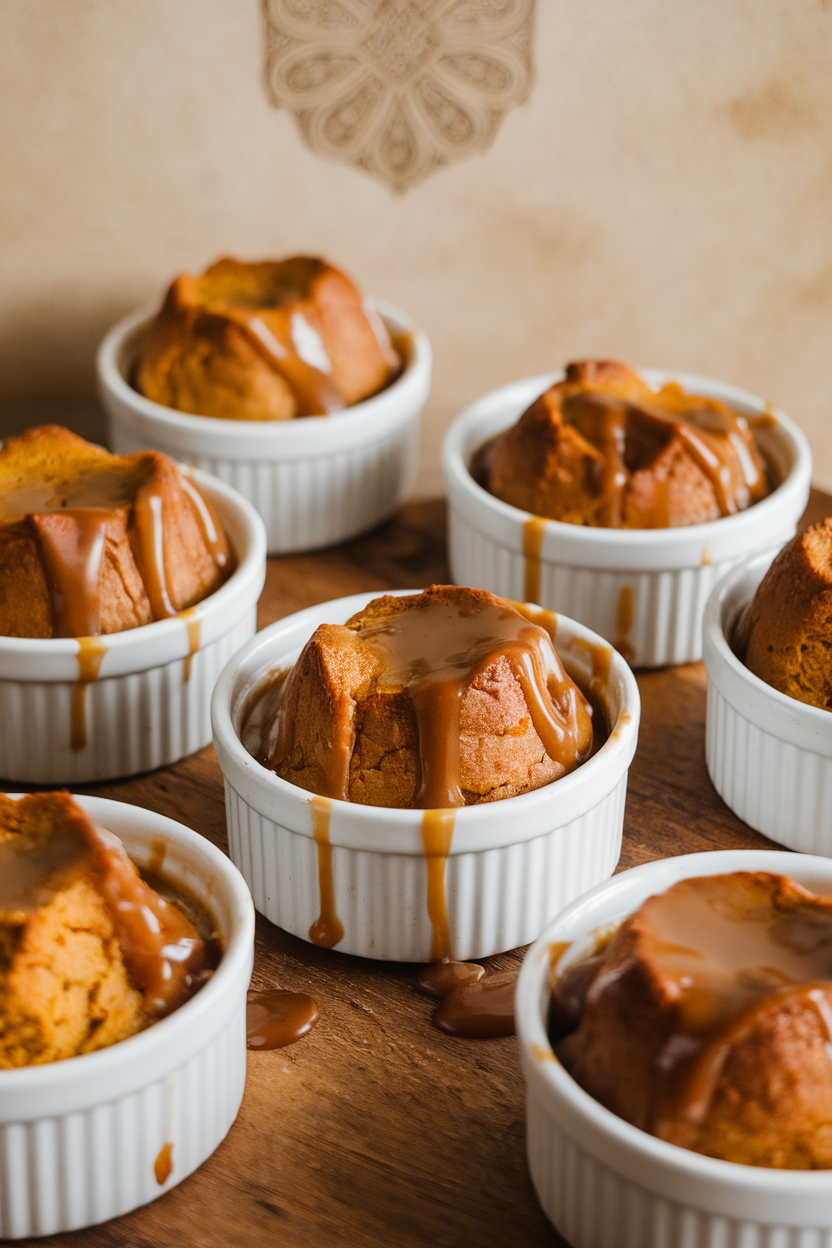 Photo of ramekins with pumpkin bread pudding drizzled in caramel sauce, indoor wooden table, no text or logos.
