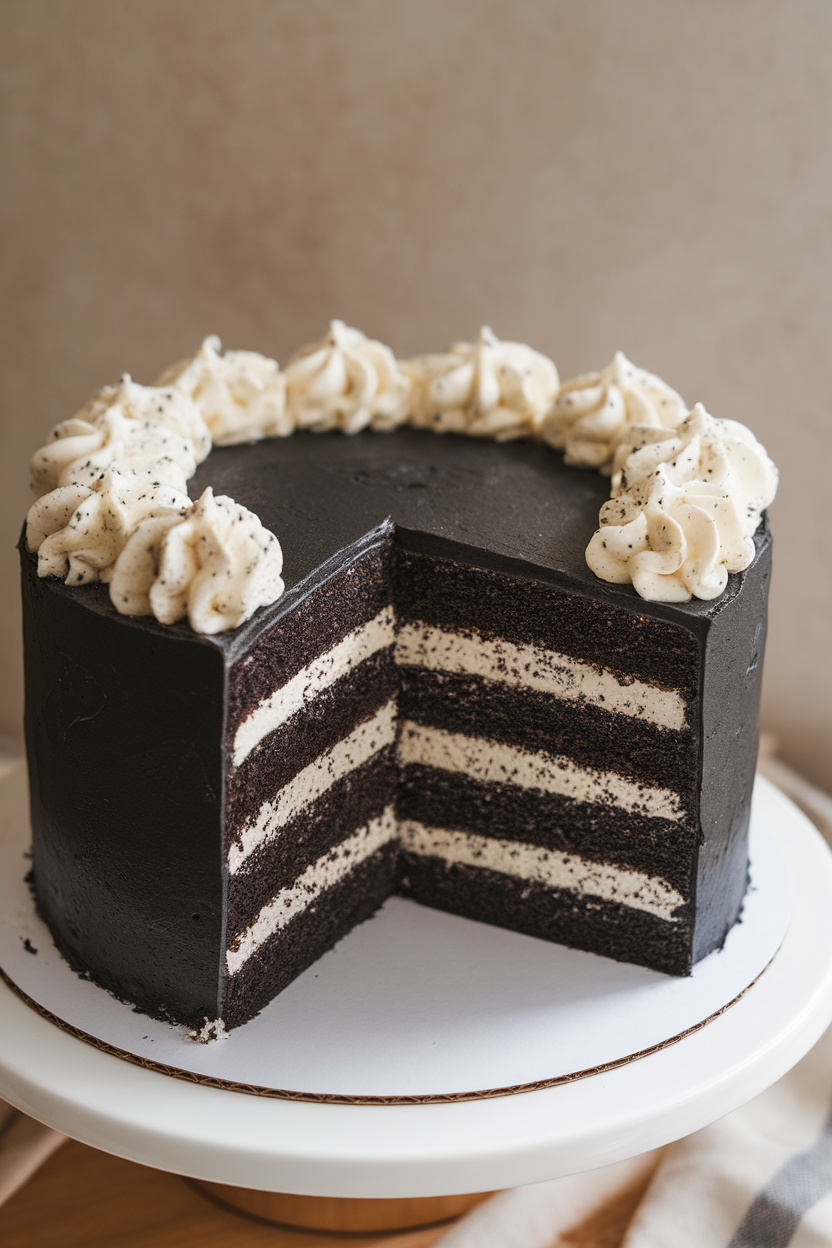 Indoor photo of a black cake frosted with white-speckled cookies-and-cream buttercream, slice removed to show alternating layers. No text or logos.