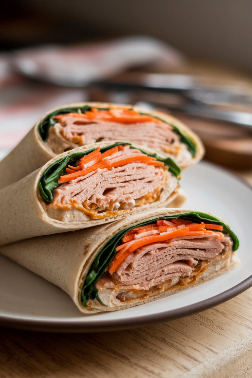 Photo of halved whole-wheat wraps filled with sliced turkey, hummus, spinach, and shredded carrots, arranged on a simple white plate indoors. No text or logos.