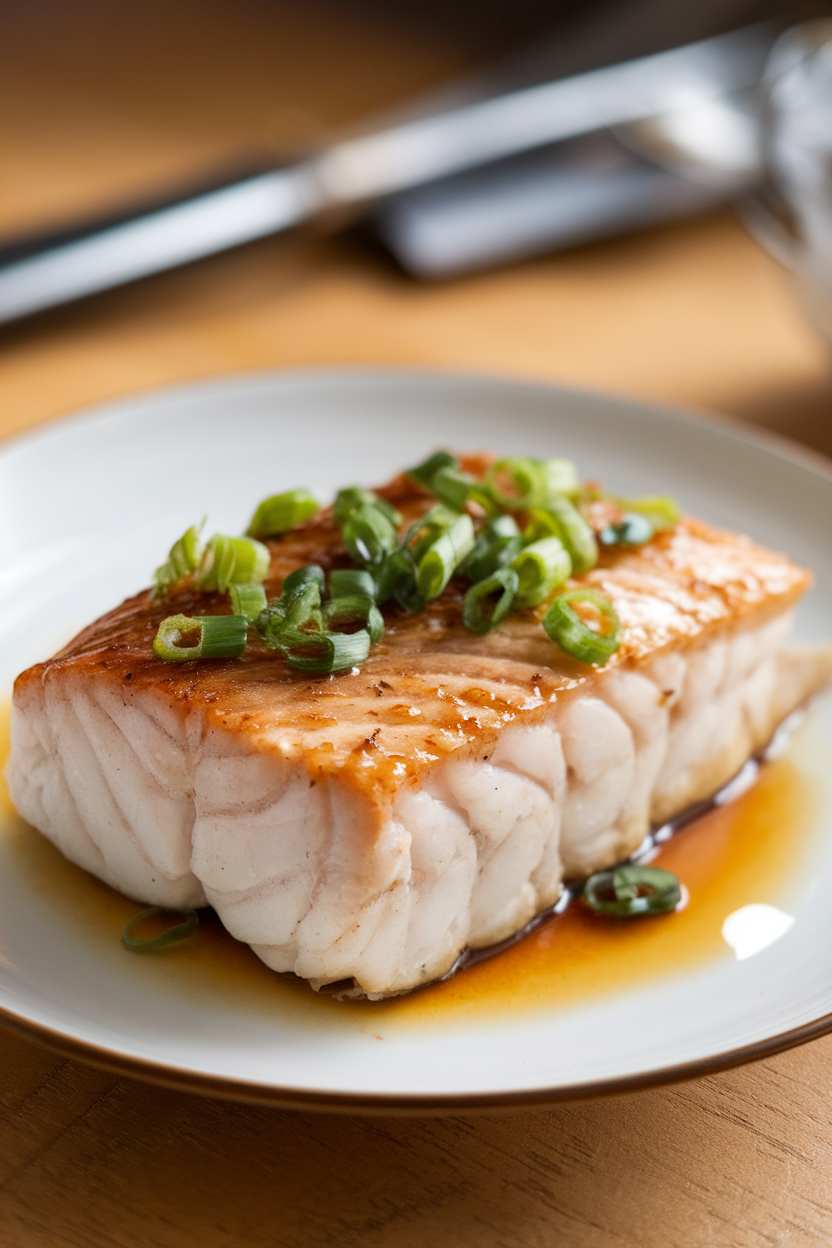 Indoor photo of cooked cod fillet brushed with caramelized miso glaze, garnished with scallions, no text or logos. Photograph, not illustration.