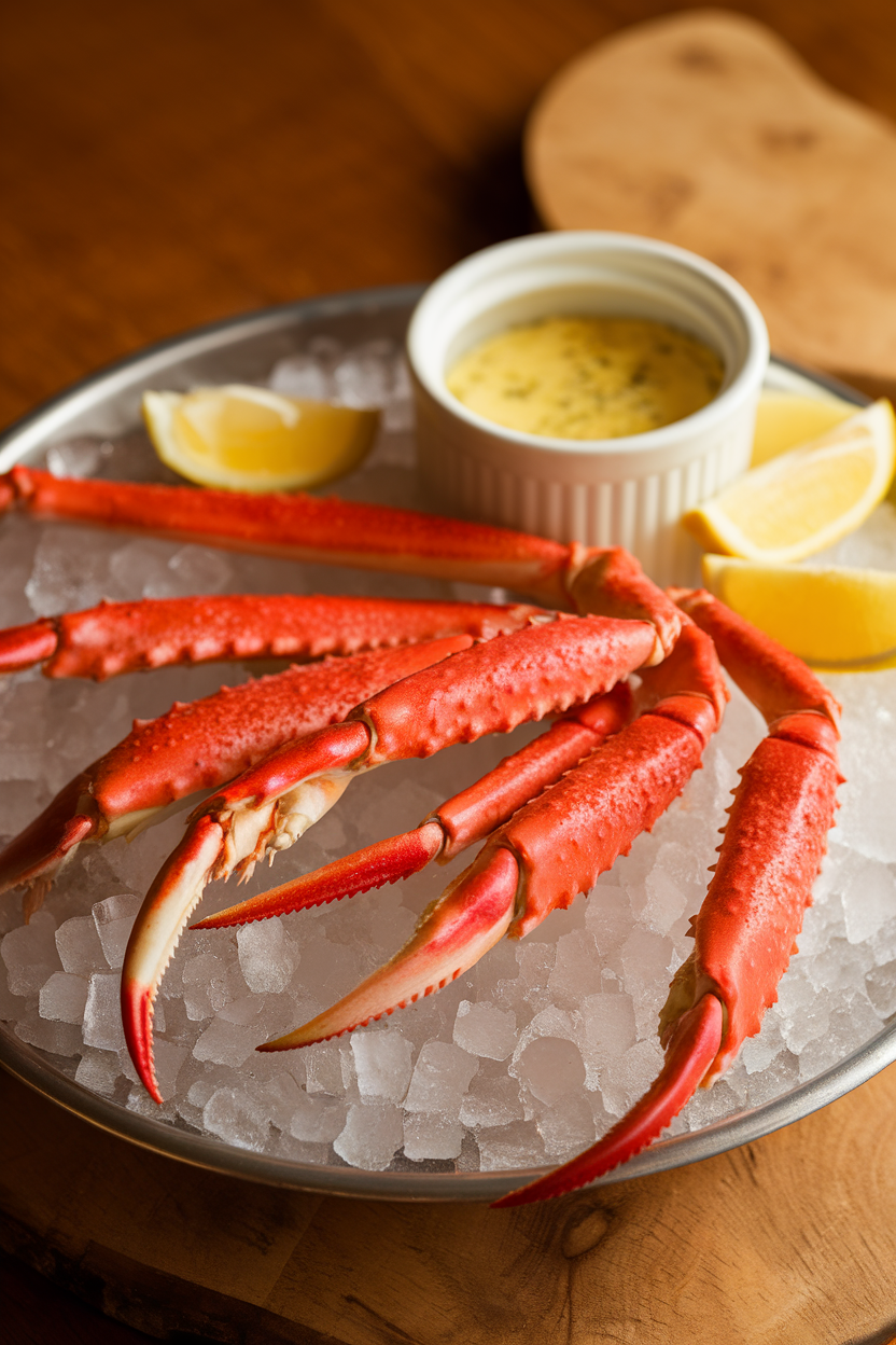 Indoor photo of cooked snow crab legs on a platter with ramekin of melted garlic butter, lemon wedges, no text or logos. Photograph, not illustration.