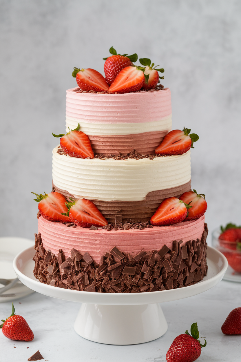An indoor sliced Neapolitan layer cake displaying tiers of strawberry, vanilla, and chocolate cake, frosted in matching tri-color buttercream stripes. Photo only, no text or logos.