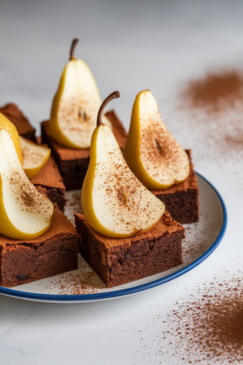 Indoor image of brownie squares with thin poached pear slices baked on top, dusted lightly with cocoa for ghostly silhouettes; no text or logos