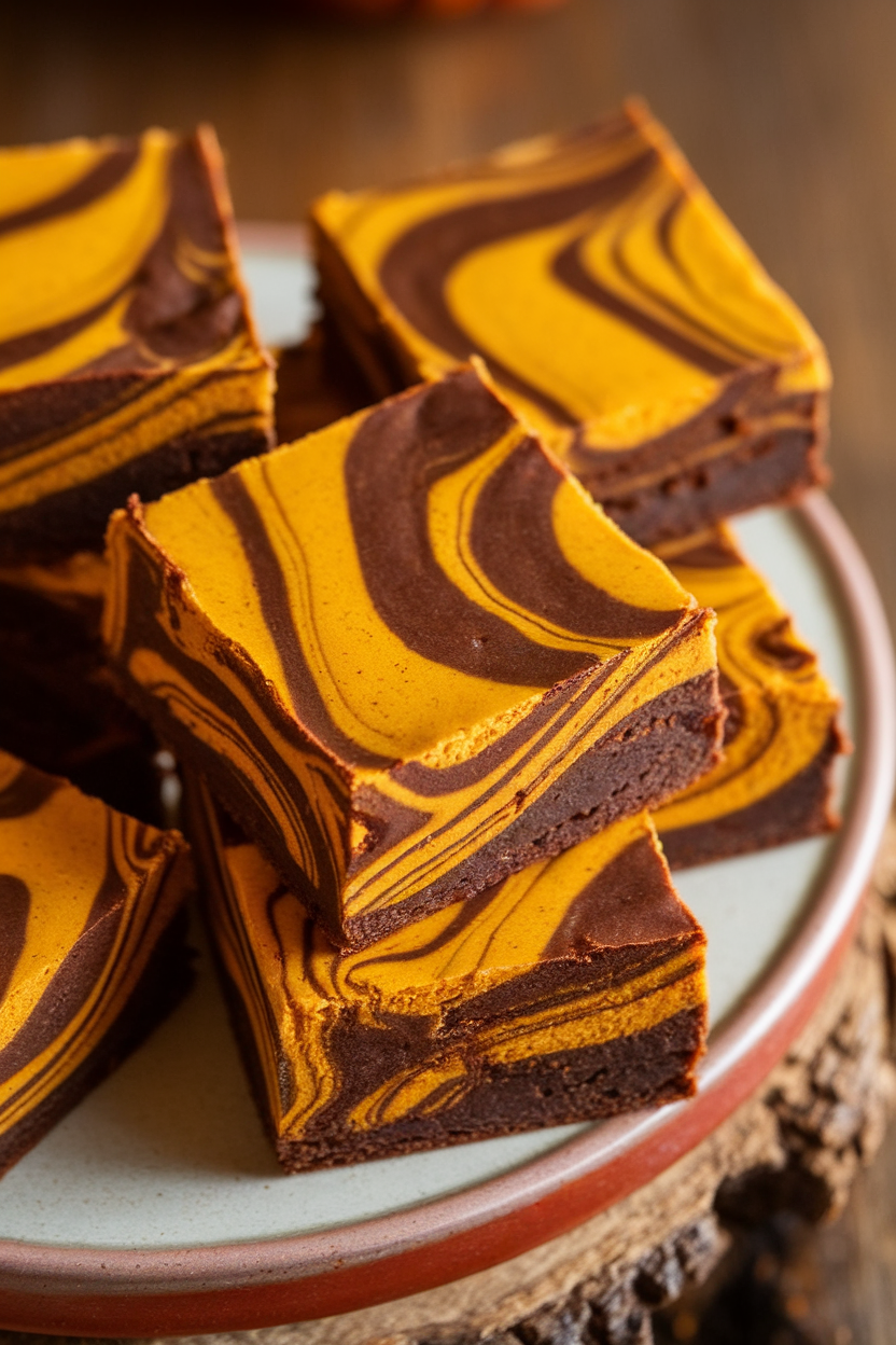 Photo indoors featuring pumpkin-spice marbled brownies on a ceramic platter, hints of orange swirl visible amid the chocolate; warm fall tones, no text or logos
