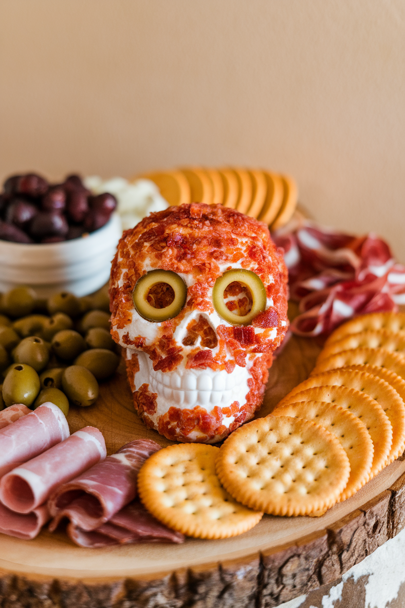 Indoor appetizer spread showcasing a skull-shaped cheese ball coated in crumbled bacon, olive eye sockets hollowed out. Photo, no text or logos.