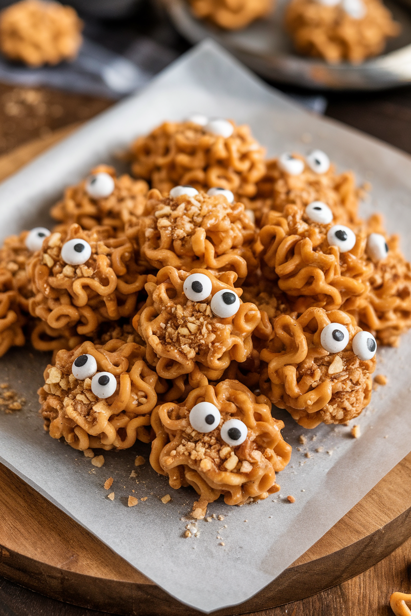 Indoor parchment sheet piled with no-bake chow mein noodle cookies coated in butterscotch and dotted with candy eyes. Photo only, no text or logos.
