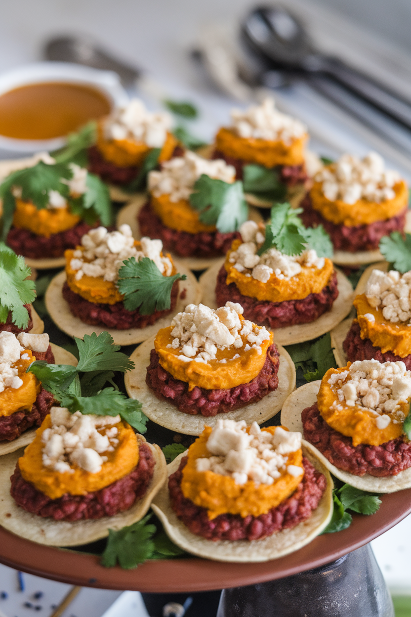 An indoor platter of bite-size tostada rounds layered with refried black beans, spiced pumpkin mash, and queso fresco crumbles. No text or logos. Photo, not illustration.