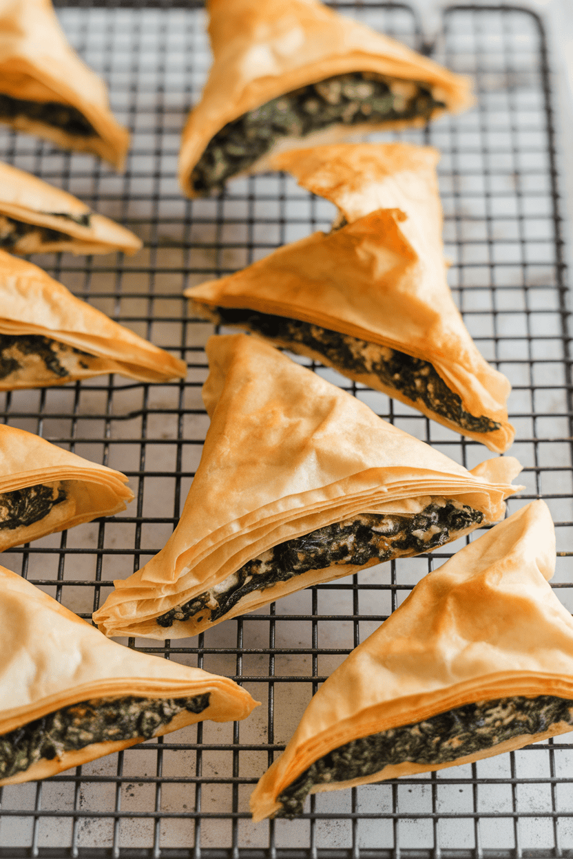 Indoor photo of golden phyllo triangles filled with spinach and feta, arranged on a cooling rack. No logos.