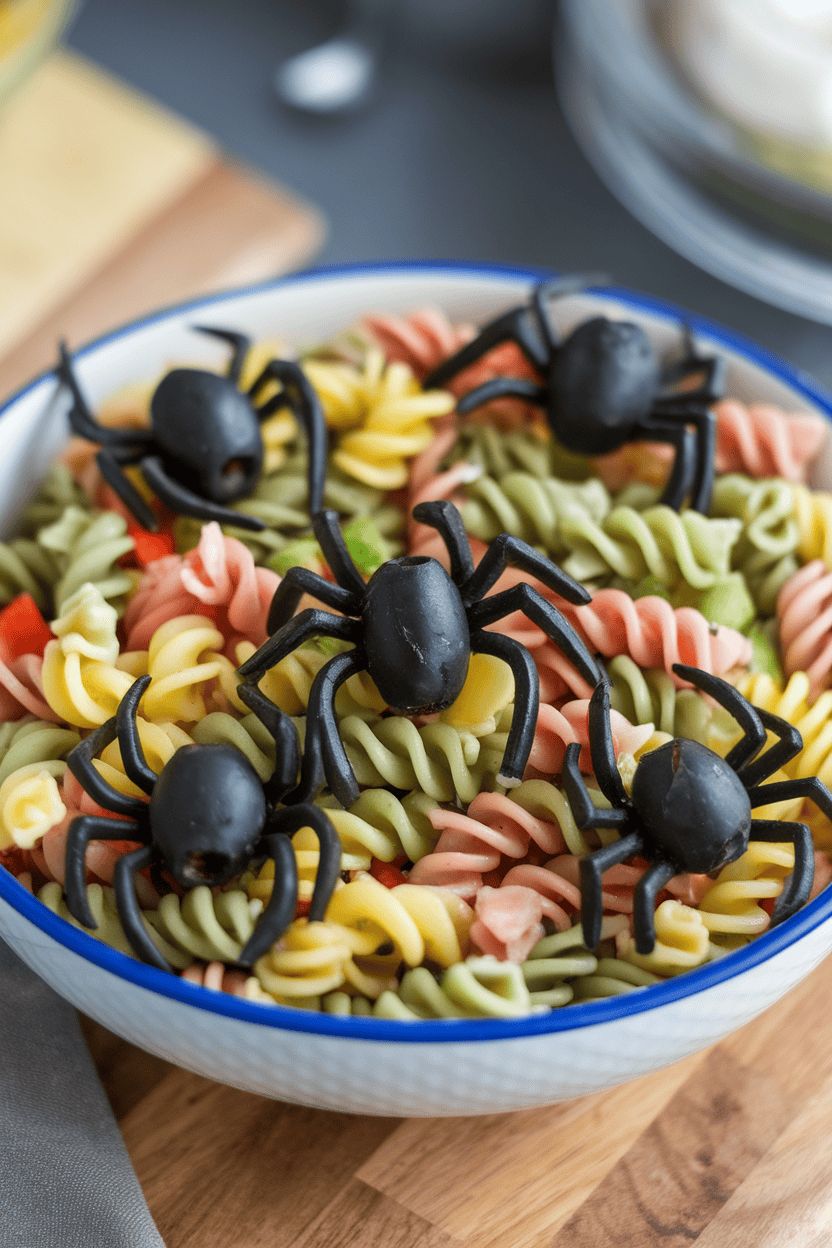 Indoor salad bowl of tri-color rotini mixed with black olive “spiders” and diced peppers, chilled and ready to serve. No text or logos.