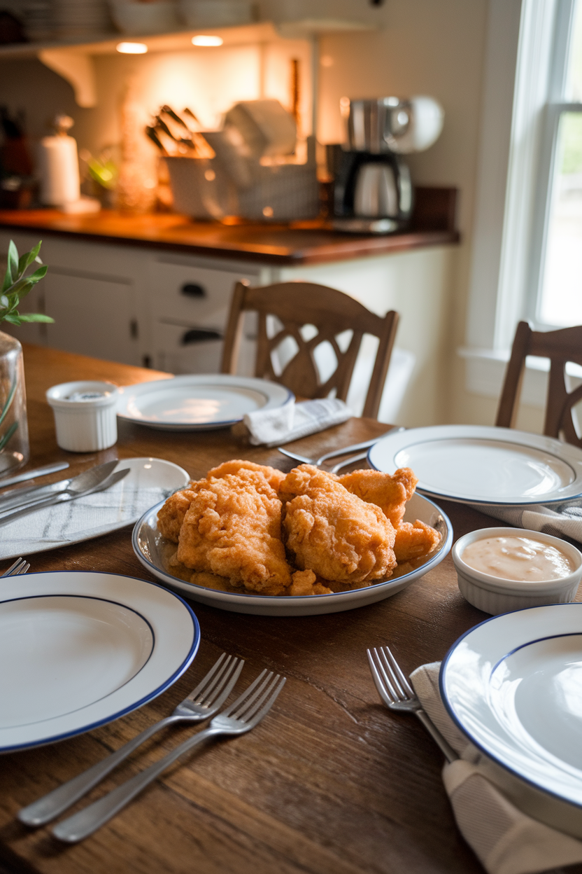An indoor farmhouse-style kitchen table featuring a plate of golden buttermilk fried chicken breasts with a small dish of creamy gravy on the side, warm overhead lighting, photo only, no text or logos